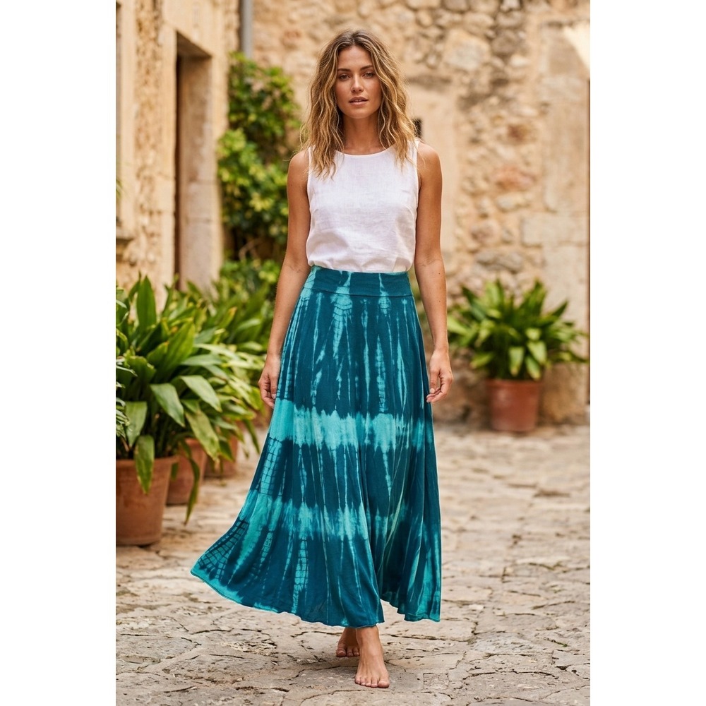 Tryst by Mathew Womens Teal Tie Dye Maxi Skirt Cotton Boho A-Line Medium USA